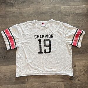 Champion Women’s Heather Gray Tee with Black Number and Red Sleeve Stripes